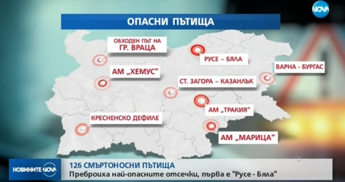 Кадър: Нова тв126 смъртоносни пътни отсечки в България. Статистиката е