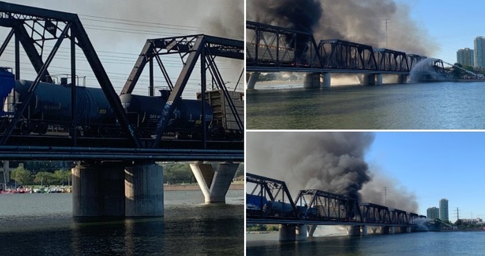 Колаж TwitterВлакът дерайлира и се запали на мост в Темпи,