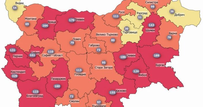 Кадър БНТ12 области в България отново са в червената зона