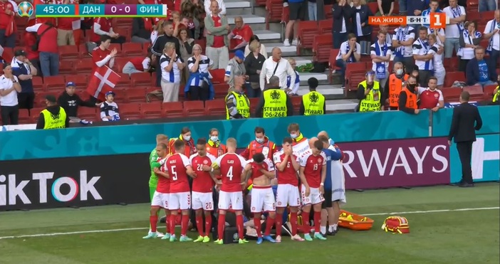 Кадър БНТМачът Дания Финландия ще се доиграе съобщи УЕФА Играта беше прекъсната
