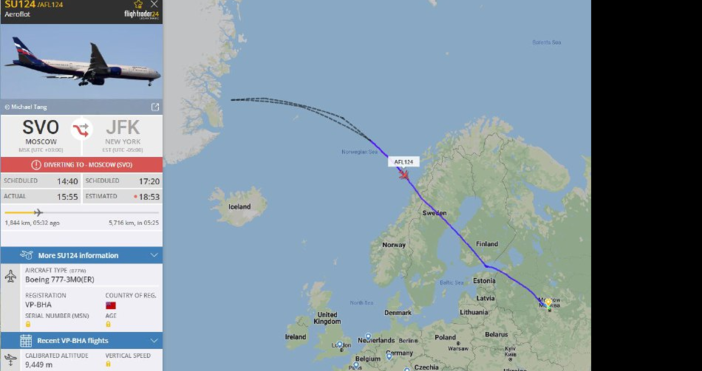 Канада е върнала самолет на руската Аерофлот пътуващ от Москва