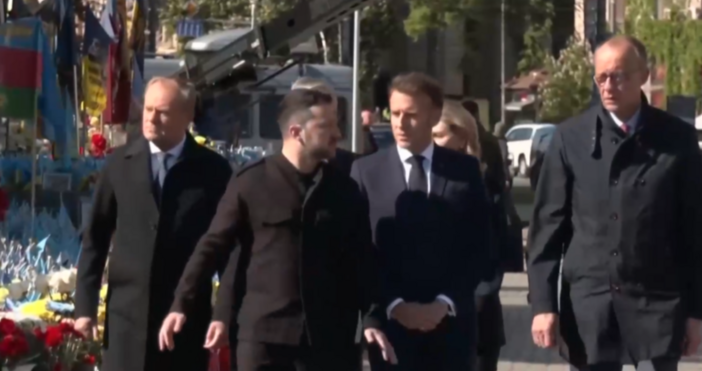 Германският канцлер Фридрих Мерц френският президент Еманюел Макрон британският премиер