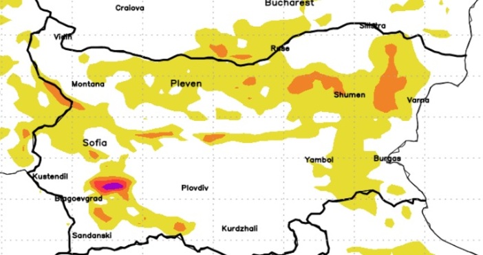 Вероятността за слани в оранжевите и жълти райони е над