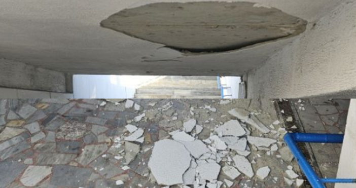 За падаща мазилка от таван в подлез на спирка Тих